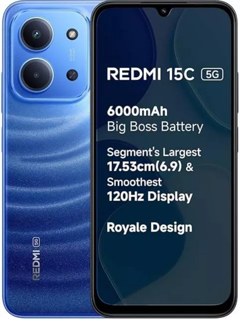 Redmi 15C 5G smartphone in Moonlight Blue with 8GB RAM and 128GB storage, showcasing a sleek design and vibrant display in Dh