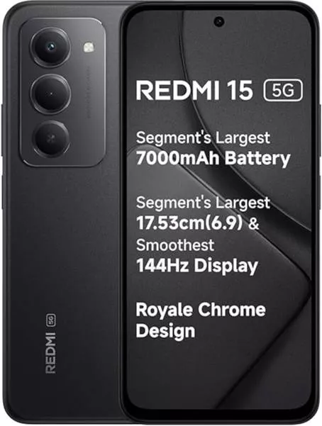 Redmi 15 5G in Midnight Black featuring 8GB RAM and 128GB storage, presenting a sleek design for modern users, available at L