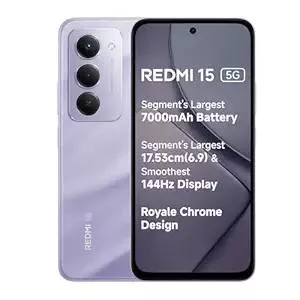 Redmi 15 5G smartphone in Sandy Purple color with 8GB RAM and 256GB storage displayed against a neutral background in Dharmap