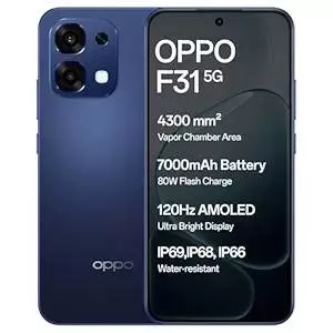 Oppo F31 5G smartphone in Midnight Blue, showcasing its sleek design and vibrant display, featuring 8GB RAM and 128GB storage