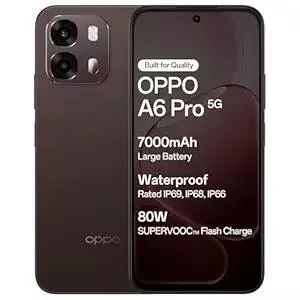Oppo A6 Pro 5G smartphone in Cappuccino Brown color with 8GB RAM and 128GB storage, displayed on a white background in Dharma