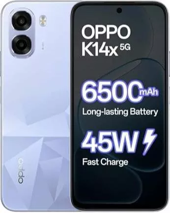 Oppo K14x 5G smartphone in Icy Blue color, displaying its sleek design and vibrant screen, available at LOVE MOBILES in Dharm