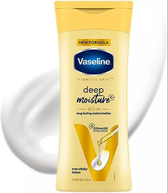 Vaseline Intensive Care Deep Moisture Lotion bottle featuring a sleek design, suitable for providing 48-hour hydration for dr