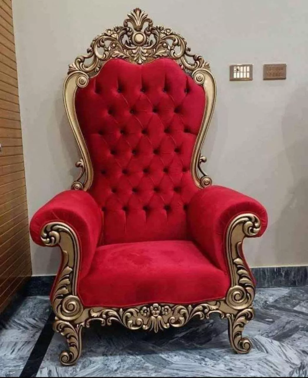 Royal Red Throne Chair in Khata Kheri, Saharanpur featuring a plush velvet finish and ornate wood carvings, ideal for luxury 