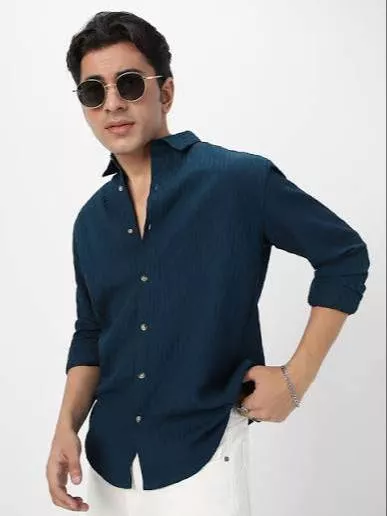 Fashionable navy blue relaxed fit men's casual shirt in TADIPATRI, designed for comfort and style, perfect for casual outings