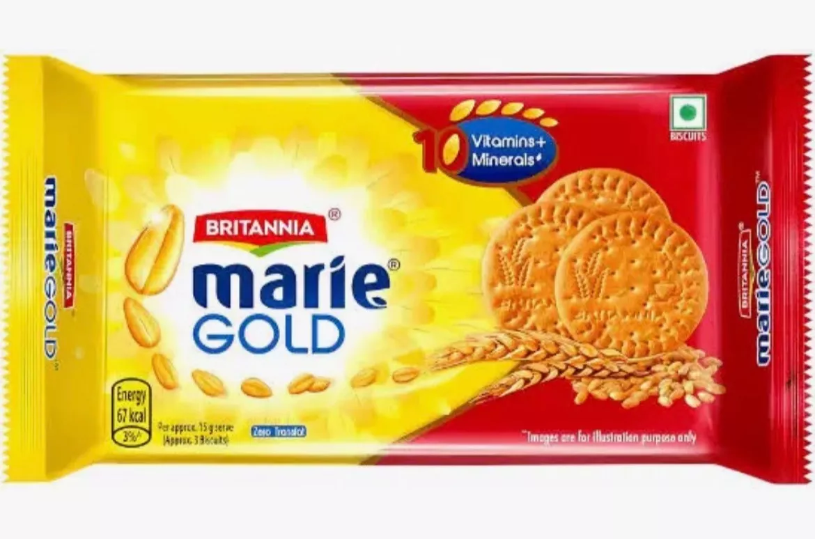 Crisp and light Britannia Marie Gold Biscuits enriched with vitamins, displayed in a pack, available at ANIKA STORE in Nagaon