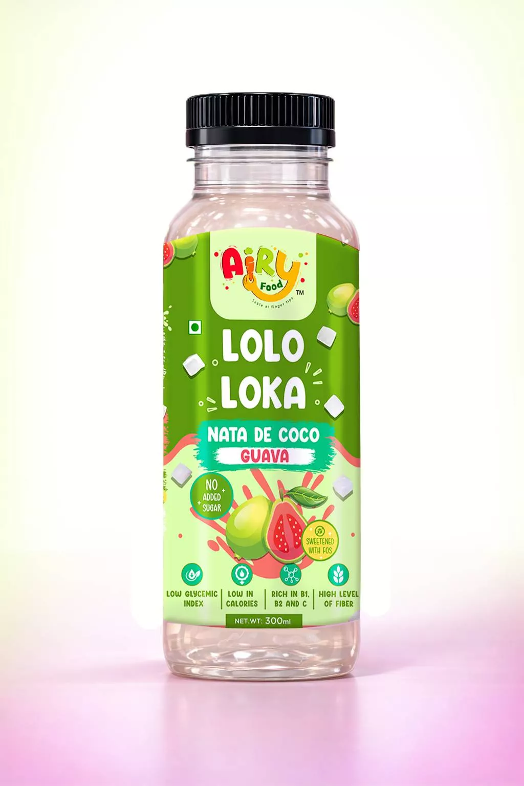 Nata De Coco Guava Drink from Lolo Loka in Hyderabad, featuring a vibrant guava color with visible coconut chunks.