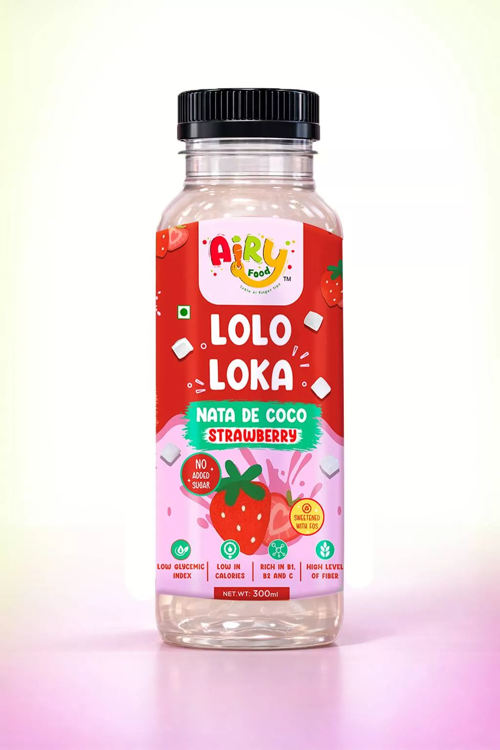 Refreshing Lolo Loka Nata De Coco Strawberry Drink in Hyderabad, showcasing a vibrant pink color with coconut chunks, perfect