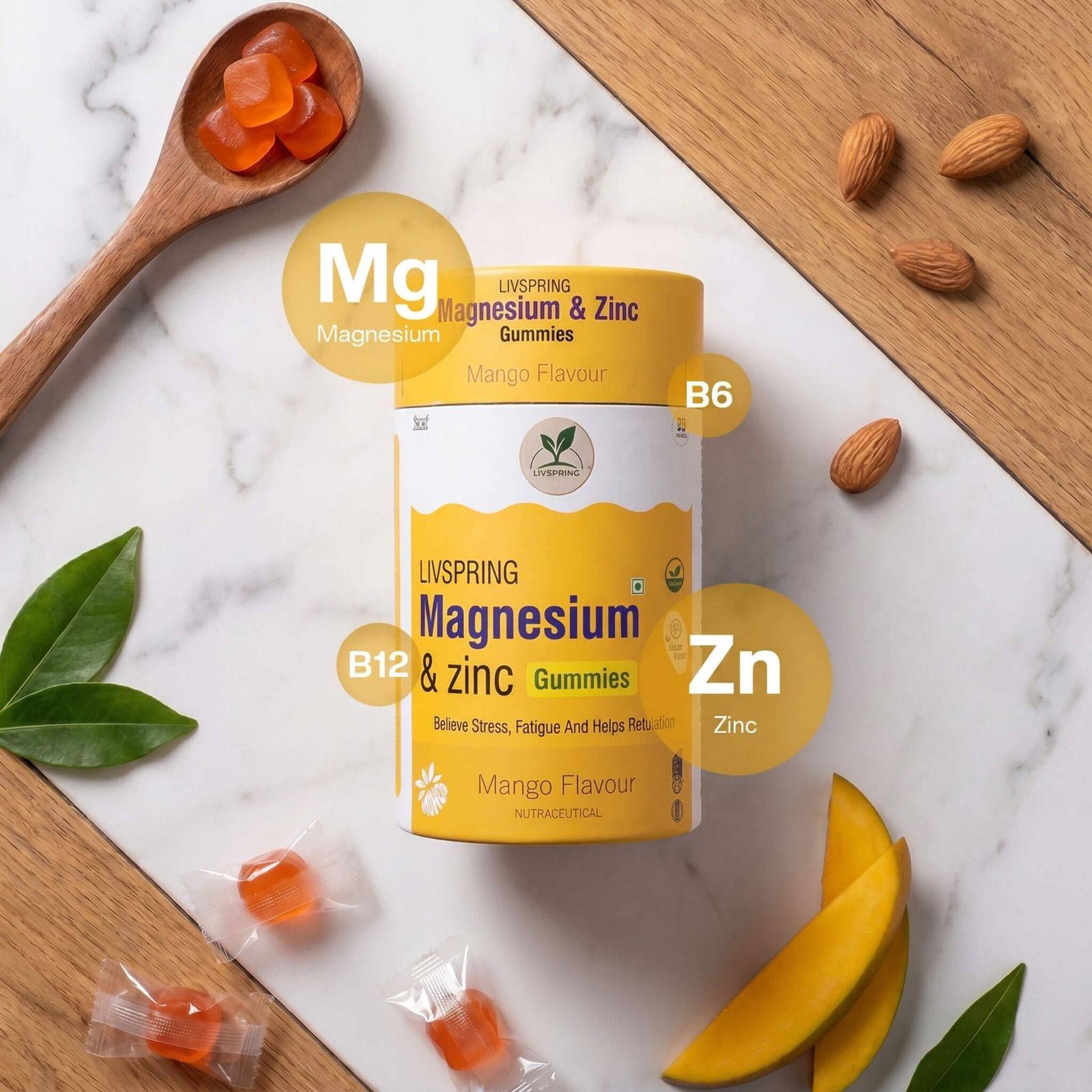 Mango-flavored LivSpring Magnesium & Zinc Gummies package displayed with a vibrant design, showcasing the product name and fl - Image 1