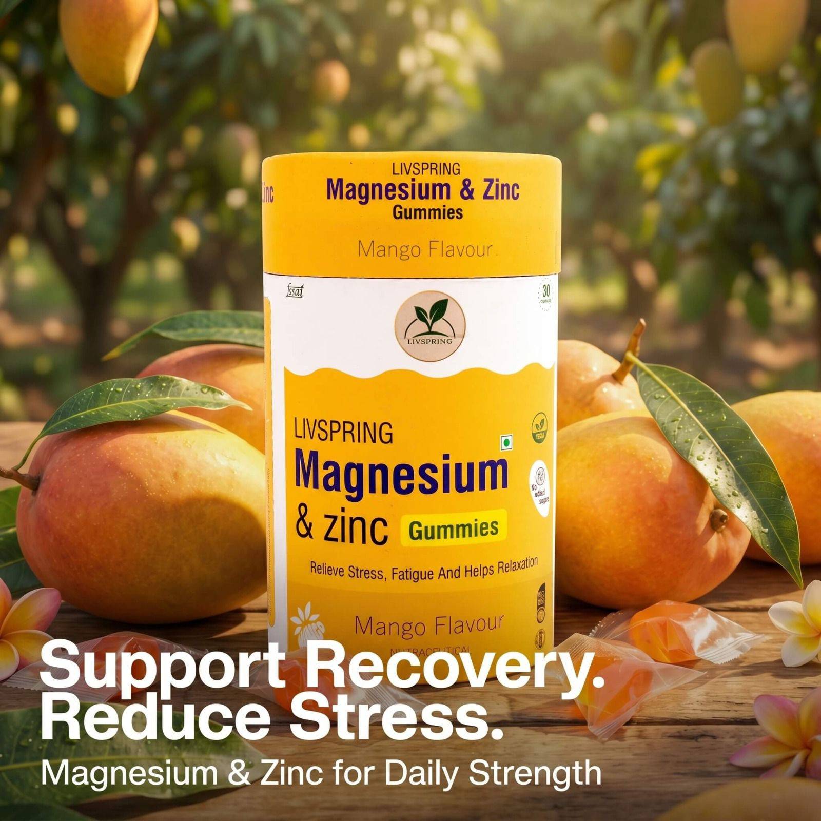 Mango-flavored LivSpring Magnesium & Zinc Gummies package displayed with a vibrant design, showcasing the product name and fl - Image 2