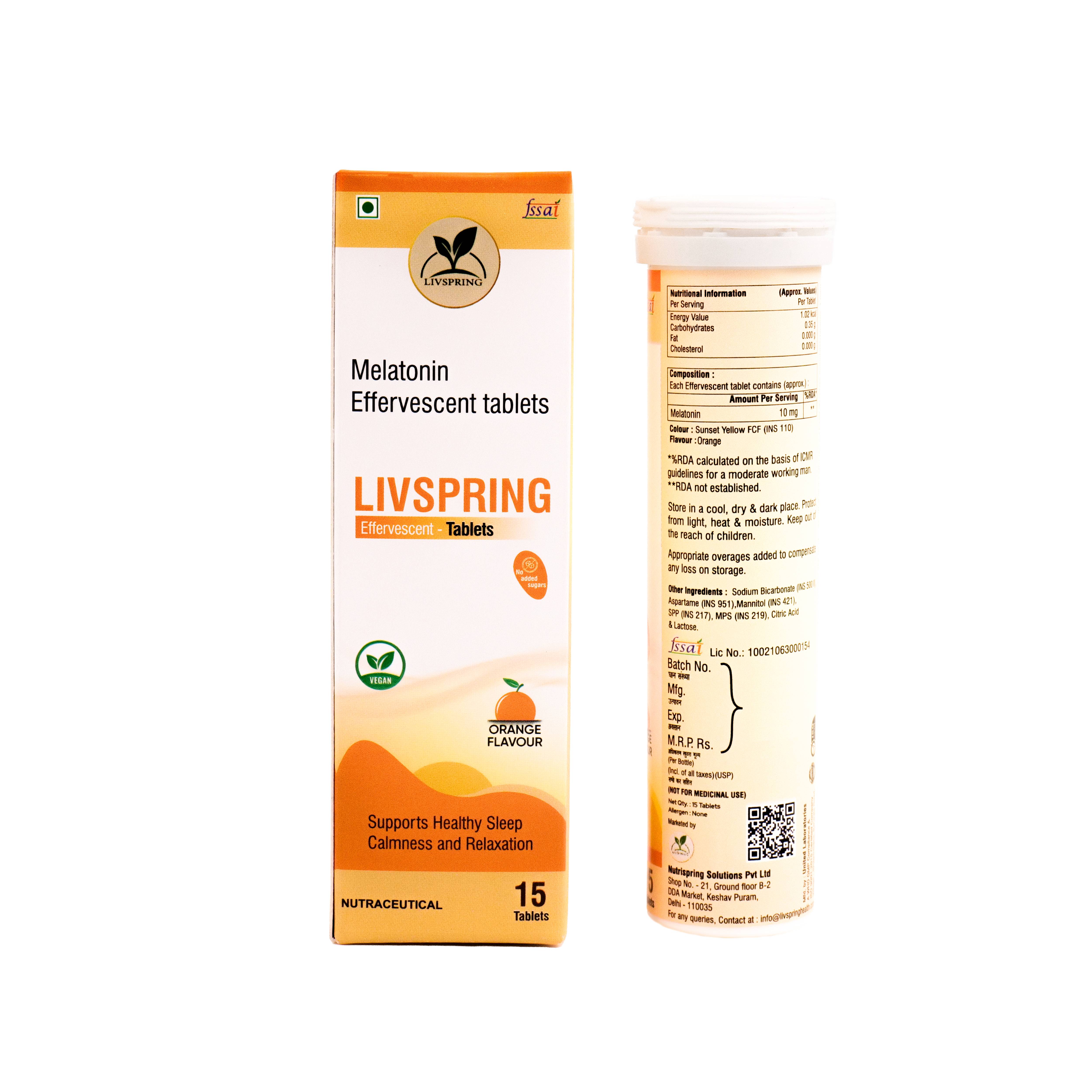 Effervescent LivSpring Melatonin Tablets designed for promoting healthy sleep, featuring ashwagandha, available in New Delhi. - Image 1