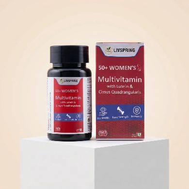 LIVSPRING Women's Multivitamin for women over 50 showcasing the bottle and tablet in New Delhi, featuring essential nutrients