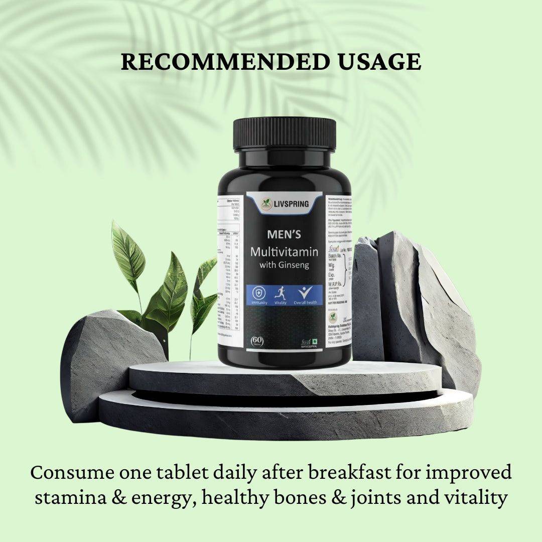 LIVSPRING Men's Multivitamin bottle showcasing vibrant packaging with ginseng emphasis, placed on a clean surface in New Delh - Image 1