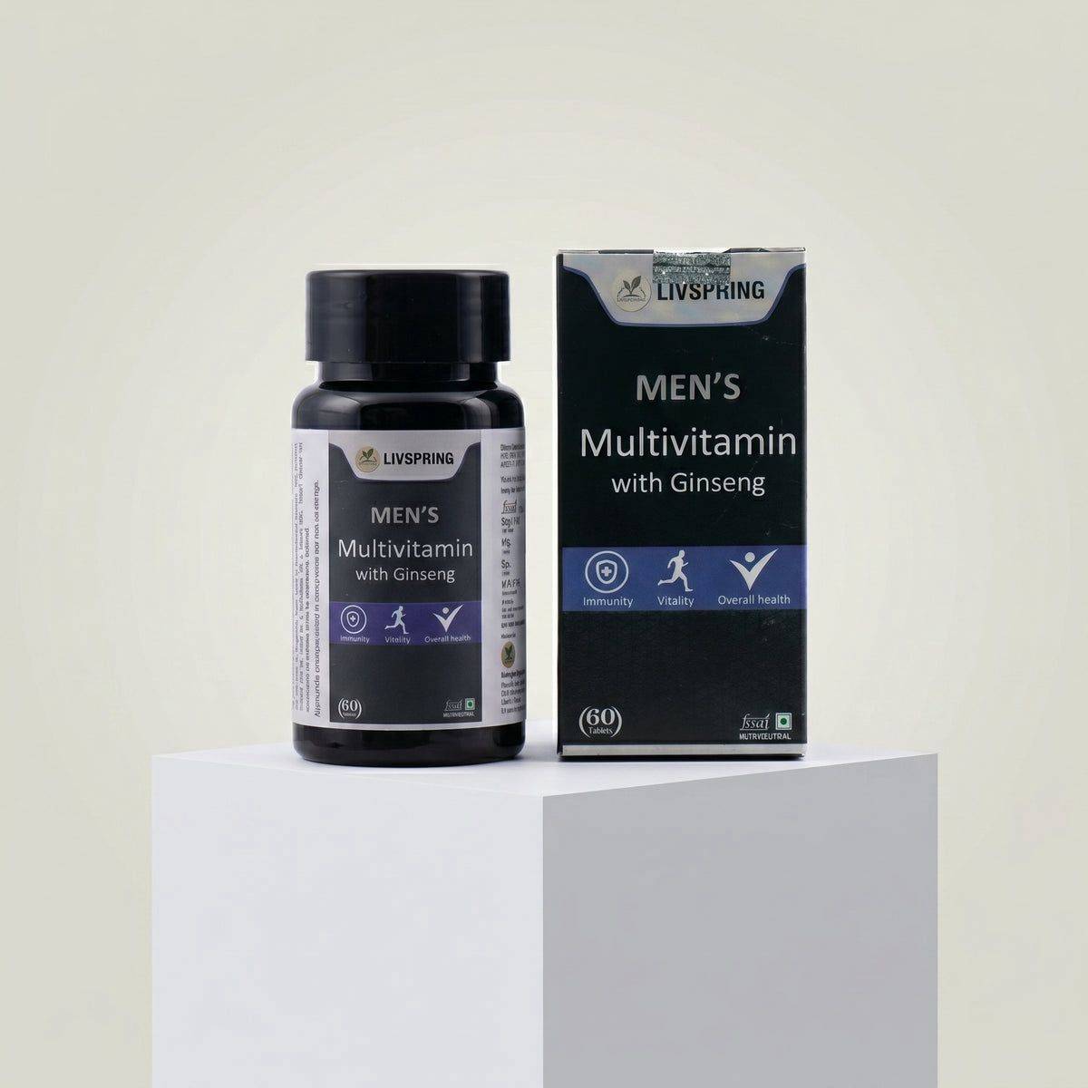 LIVSPRING Men's Multivitamin bottle showcasing vibrant packaging with ginseng emphasis, placed on a clean surface in New Delh - Image 2