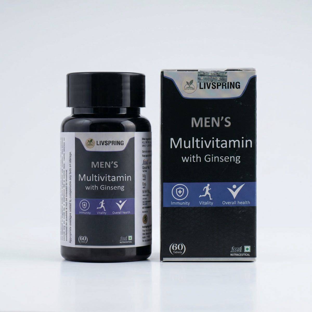 LIVSPRING Men's Multivitamin bottle showcasing vibrant packaging with ginseng emphasis, placed on a clean surface in New Delh - Image 3