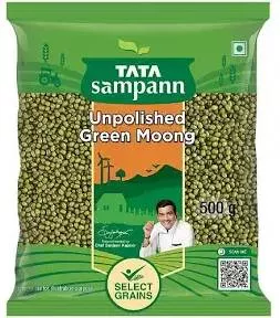 Tata Sampann Unpolished Green Moong dal in a clear package, showcasing its natural green color, available in Dasuya.