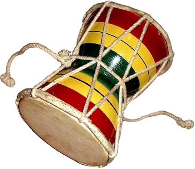 Traditional 6'' DAMROO percussion instrument with intricate craftsmanship in Meerut, showcasing its vibrant design and unique