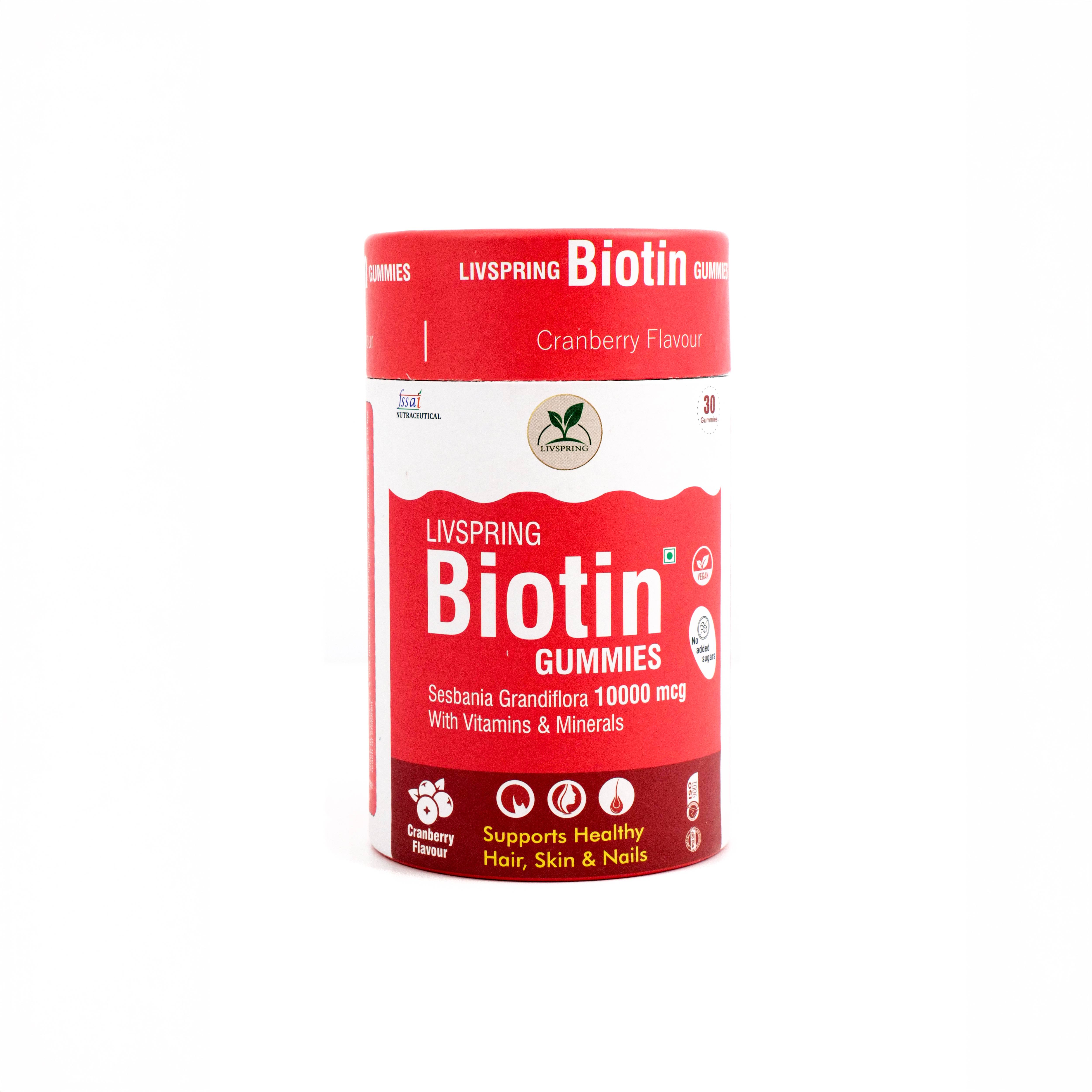 Vegan LivSpring Biotin Gummies in BK 1 for hair and skin support, presented in a colorful gummy format, available in New Delh - Image 1