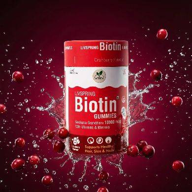Vegan LivSpring Biotin Gummies in BK 1 for hair and skin support, presented in a colorful gummy format, available in New Delh - Image 2