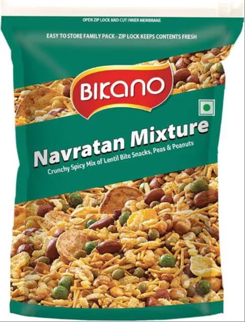 Crunchy spicy Bikano Navratan Mixture with lentils, peas, and peanuts available in Indore, packed in a vibrant bag.