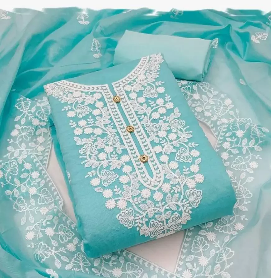Elegant turquoise Chikankari Suit featuring detailed embroidery, available at Fateh General Store in Aur. - Image 1