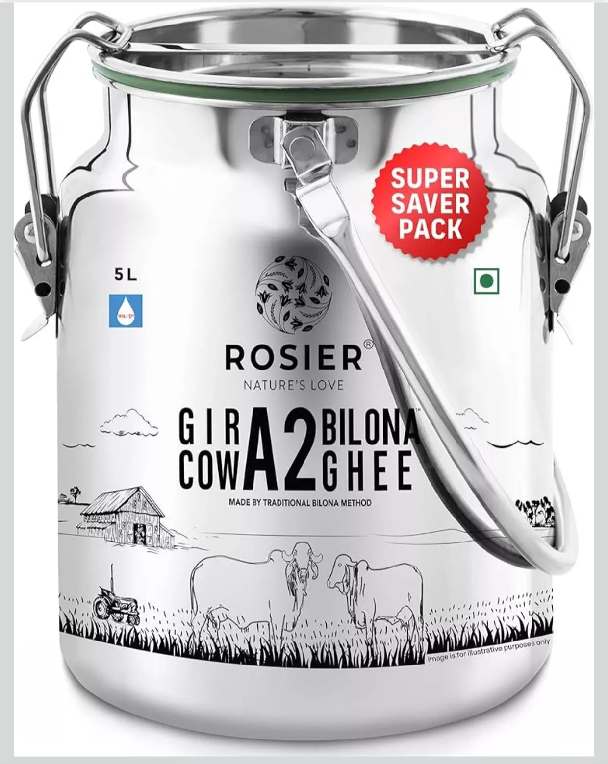 ROSIER A2 Gir Cow Ghee in a 5L container, golden color and rich texture, available in Betiah, ideal for enhancing meals - Image 1