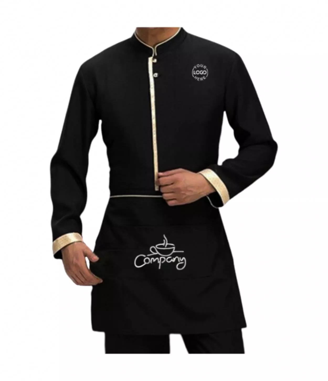 Stylish waiter uniform with gold trim and logo customization, showing elegant design suitable for professionals in DELHI.