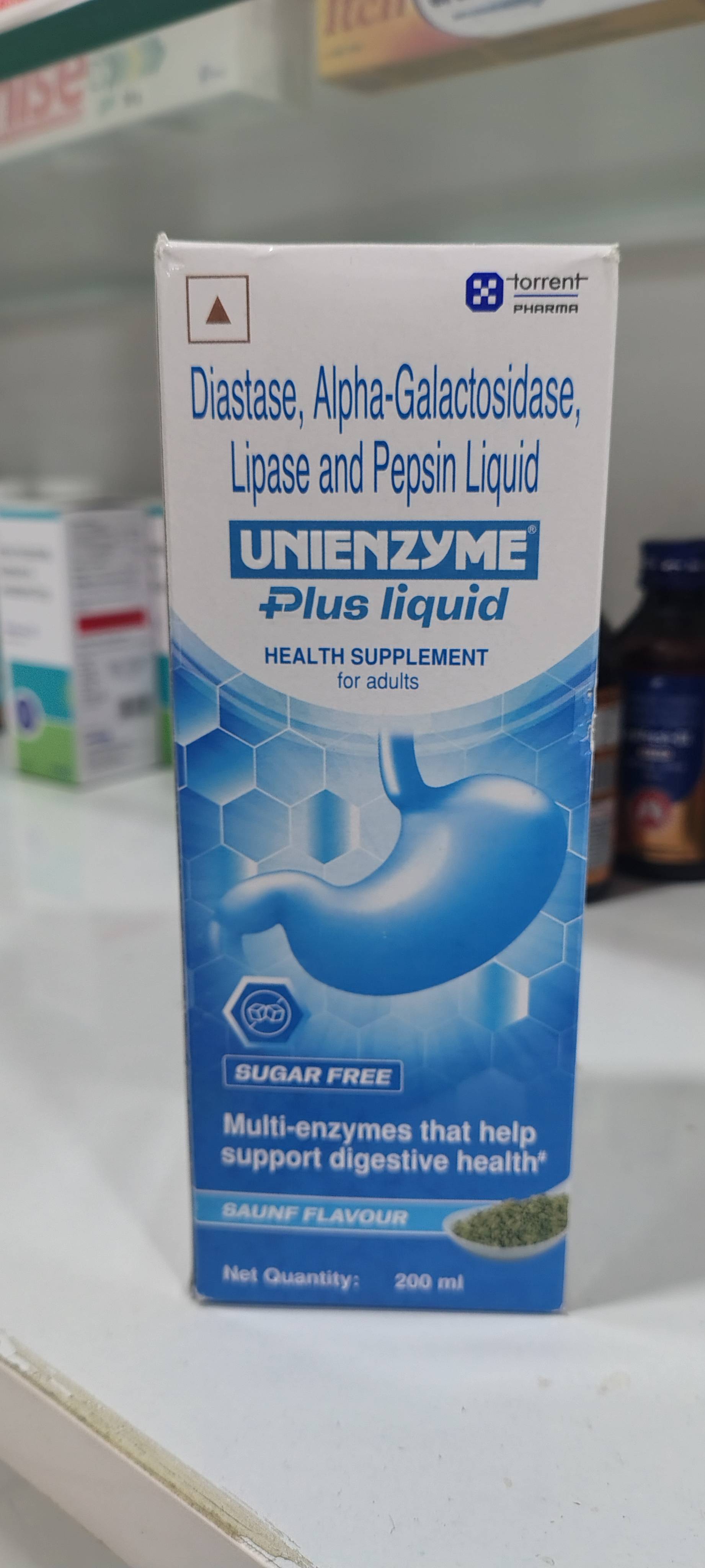  Unienzyme Plus Liquid in Mocha CHARAK HEALTH CARE AND PHARMACY NIRMAYA TOWER IN  FRONT OF INDIAN  COFFEE HOUSE PANDAV NAGAR ROAD SHAHDOL TEHSIL SOHAGPURLANDMARK Beside Magakaushal Netra Chikitsalya