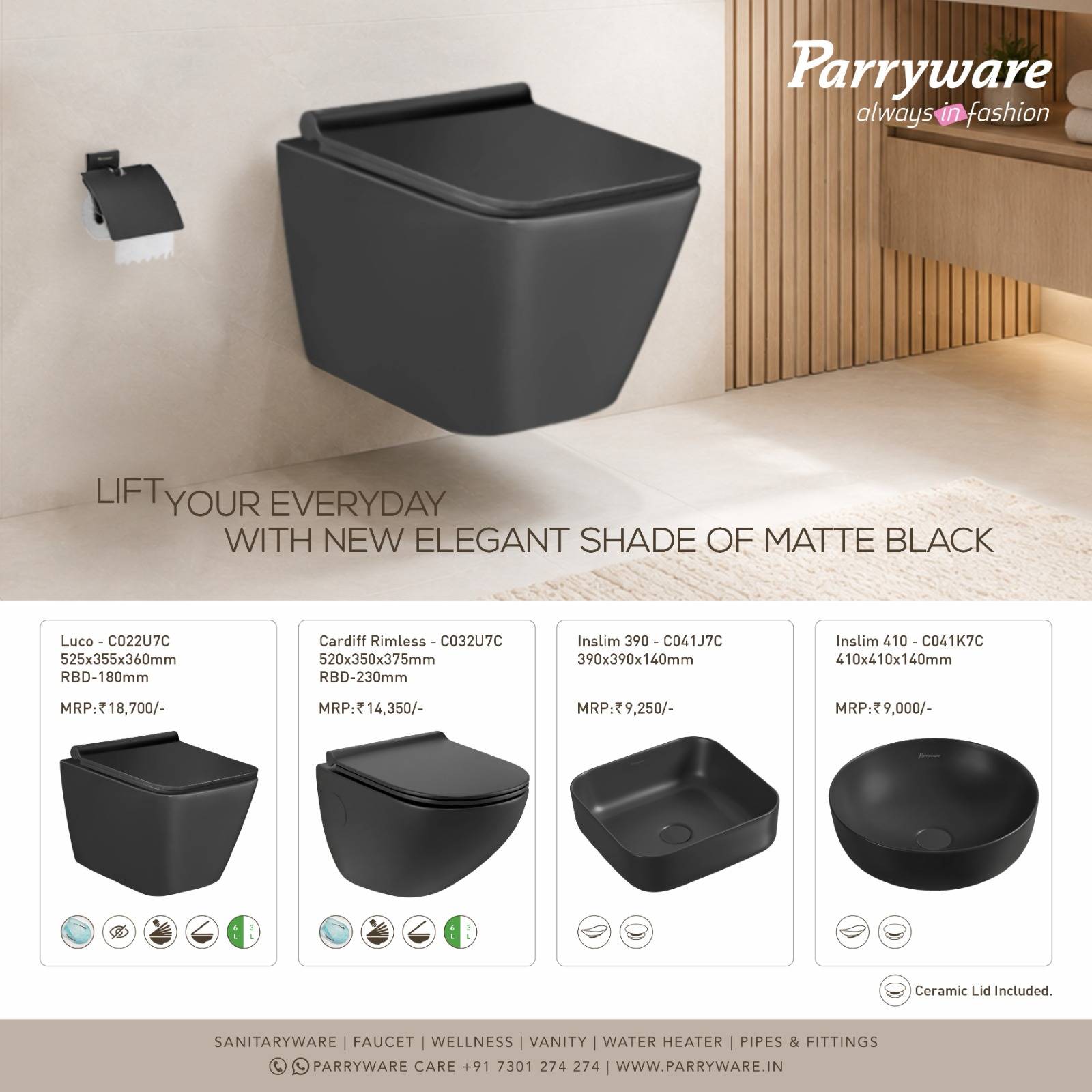 Parryware Matte Black Collection showcasing stylish toilets and basins in Samalkha, designed for modern bathrooms with a slee
