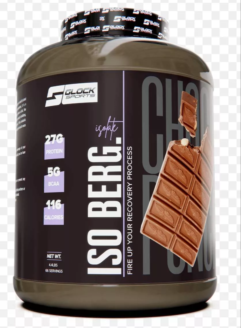 Glock Sports ISO BERG Isolate protein supplement in chocolate flavor, packaged attractively for fitness enthusiasts, availabl