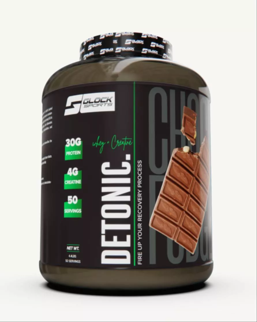 Glock Sports Detonic Protein Powder in Gurugram Chocolate Blend — a premium whey protein and creatine blend in a sleek contai