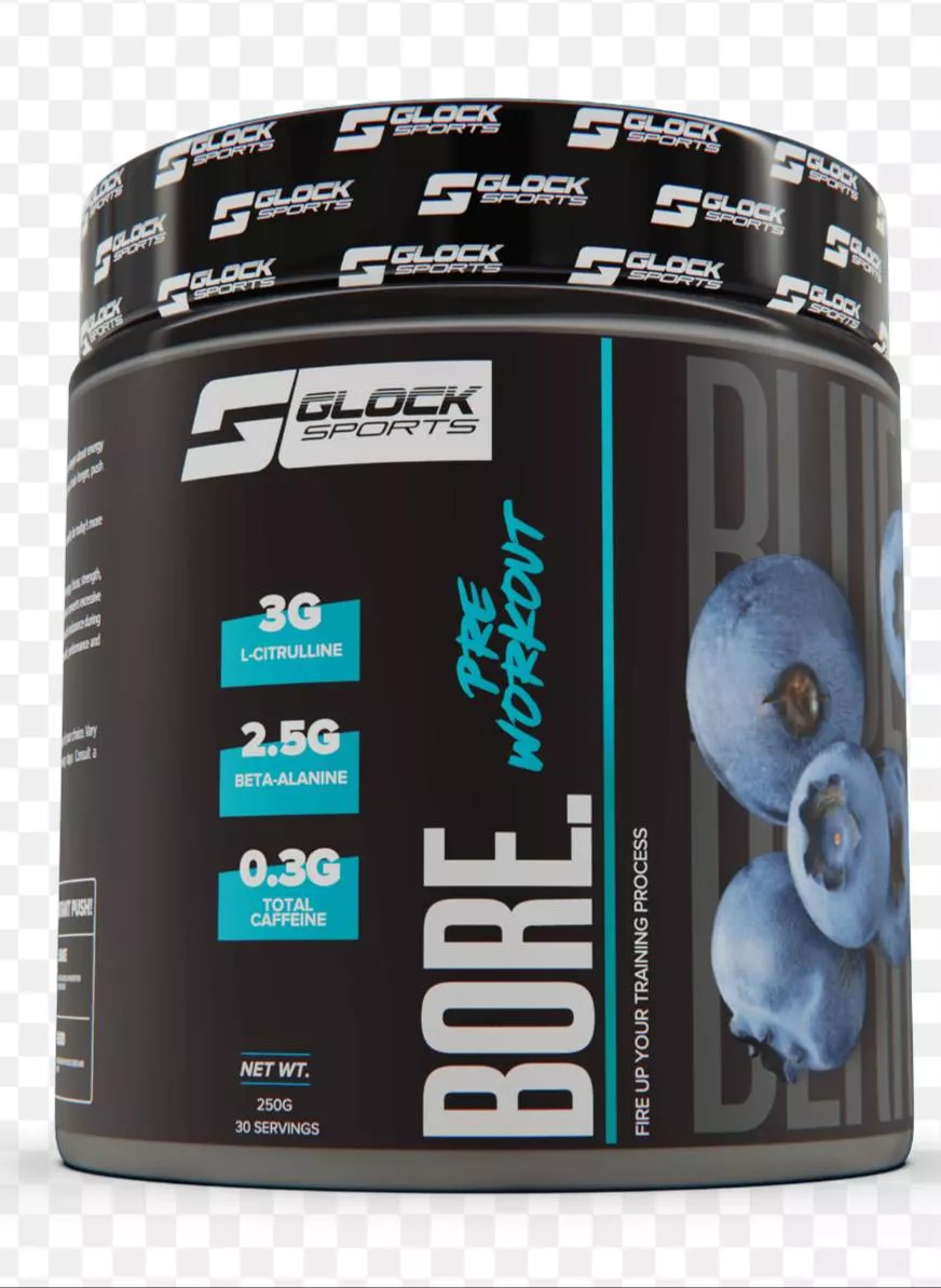 Glock Sports BORE Pre-Workout supplement in Gurugram, featuring a sleek container with vibrant branding, designed to boost en