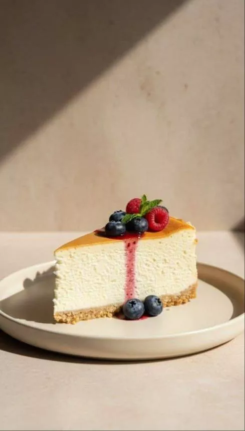 Creamy Classic New York Cheesecake Slice topped with fresh berries, served on a white plate in Jassur