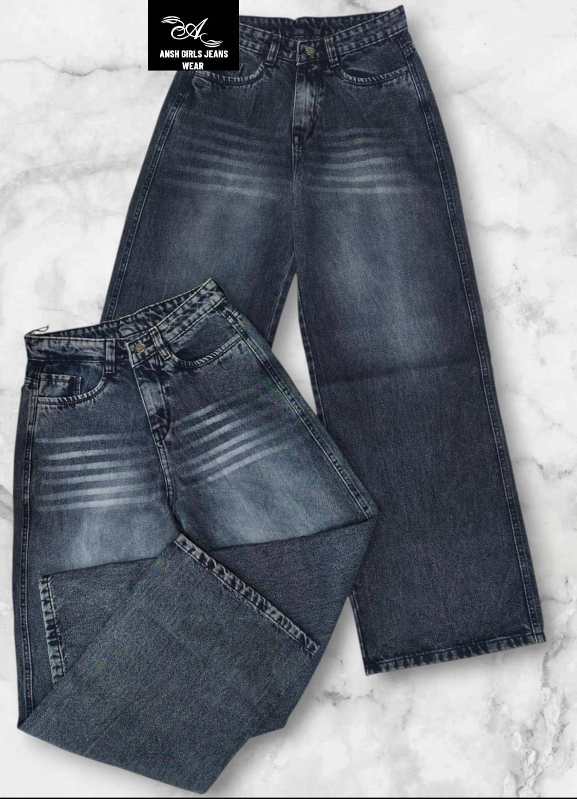 Stylish wide-leg Ansh Girls Denim Jeans with a washed effect in Kharar, featuring a relaxed fit for casual wear.