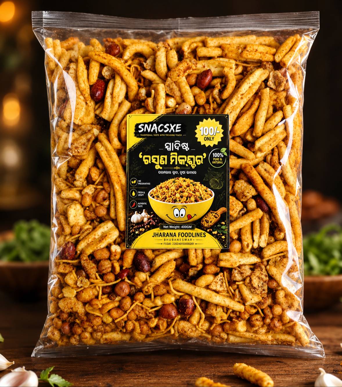Crunchy Rasuna Mixture featuring garlic flavor, served in a bowl, representing the chatpata delight available at JHARANA FOOD - Image 2