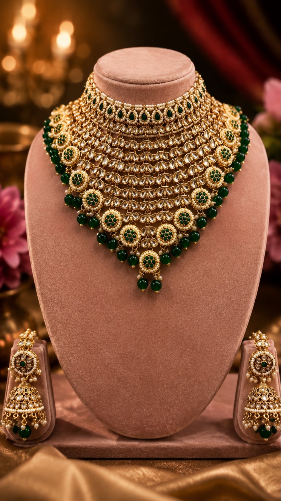 Royal Kundan Choker Set featuring elegant Kundan stones and green beads, designed for stylish wear in Hathras.