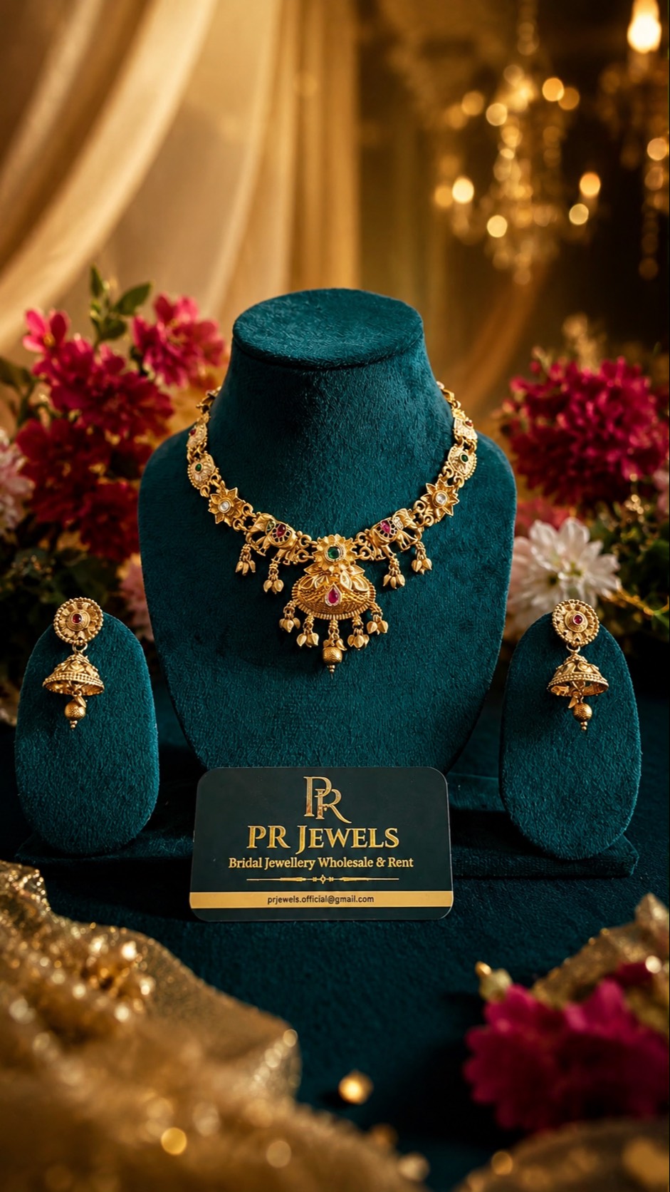 Elegant PR Jewels Swarn Dham Colony bridal gold necklace set displayed against a soft background, showcasing intricate design
