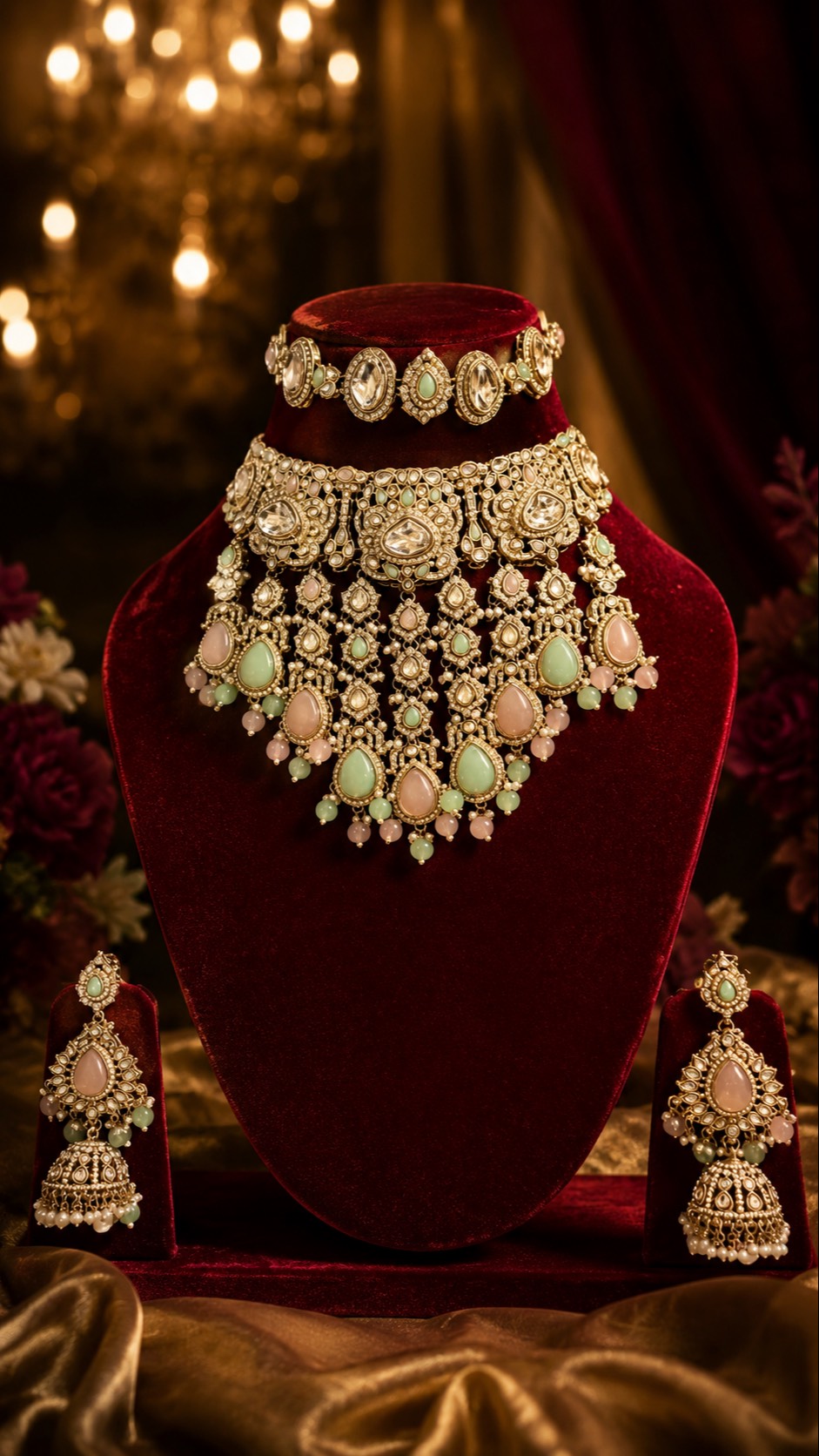 Elegant Regal Kundan Bridal Jewelry Set featuring a choker, earrings, and maang tikka, available at PRAVIN KUMAR in Hathras.