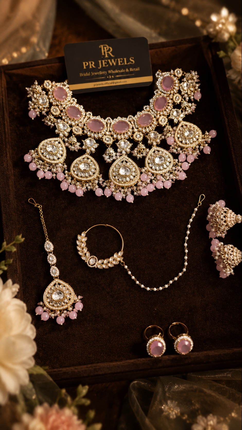 Gorgeous bridal jewelry set adorned with pink stones, designed for weddings, from PRAVIN KUMAR in Hathras