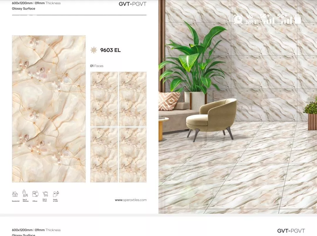 High-quality GVT-PGVT 9603 EL Tiles showcasing a glossy finish in Chandwad, perfect for enhancing interior spaces.