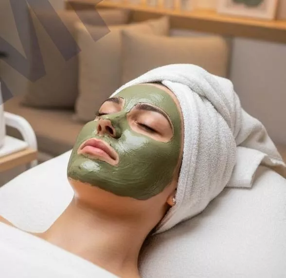 Herbal Green Clay Face Mask jar with green clay texture, showcasing its detoxifying properties, offered by ROOTZ UNISEX SALOO