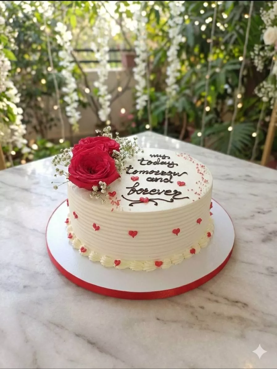 A beautifully decorated Romantic Red Rose Cake featuring white frosting and vibrant red roses, perfect for celebrations in Ba
