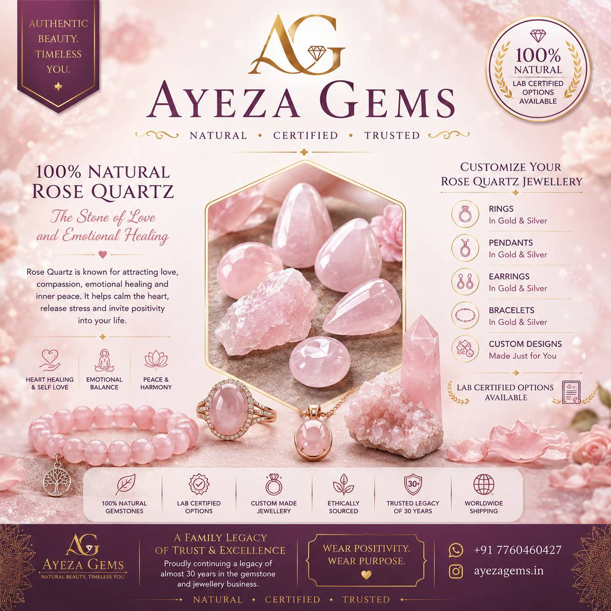 Natural rose quartz stone from Ayeza Gems in Alipura, showcasing its soft pink hue and smooth surface, ideal for emotional he
