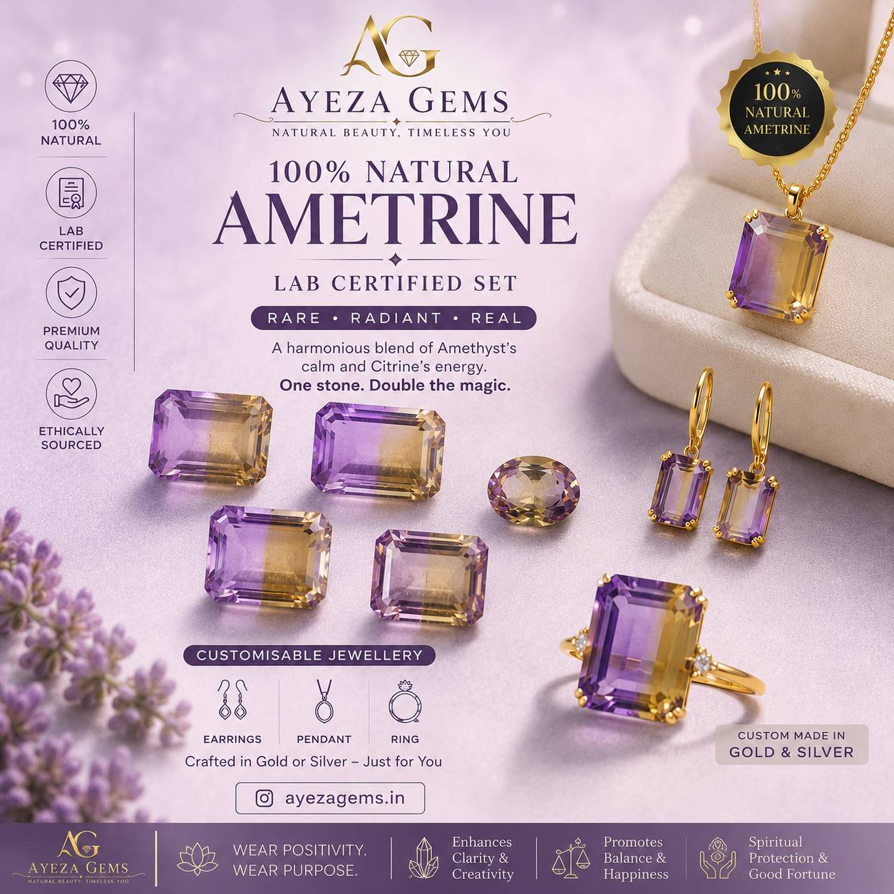 Elegant Ametrine Gemstones Jewelry featuring customizable gold or silver settings available at AYEZA GEMS in Alipura.