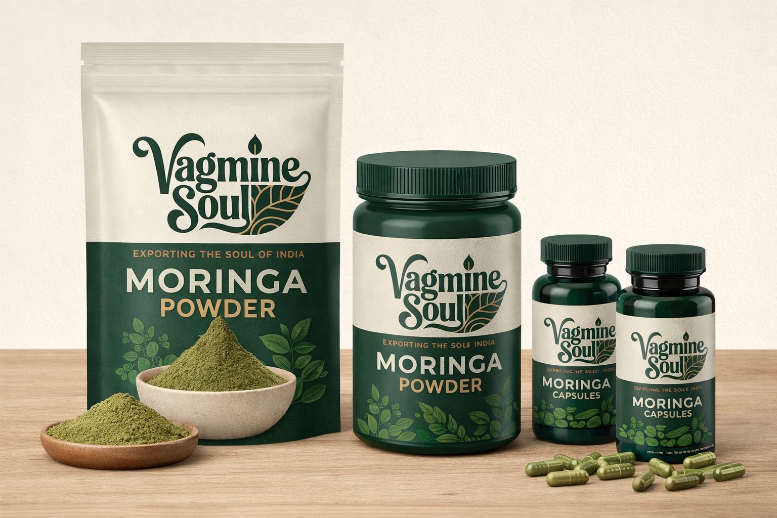 Organic Moringa Powder in a green bag displayed on a wooden surface, showcasing its nutritional benefits. Perfect for health 