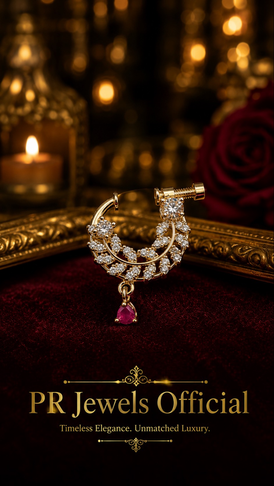 Elegant Gold Diamond Hoop Nosepin with diamonds and ruby drop in HATHRAS