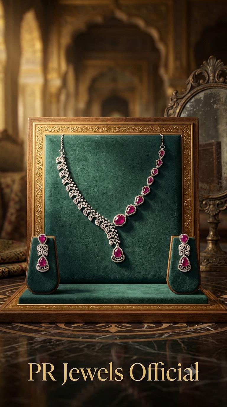 Elegant Ruby Necklace Set with earrings in HATHRAS, showcasing intricate design and vibrant stones.