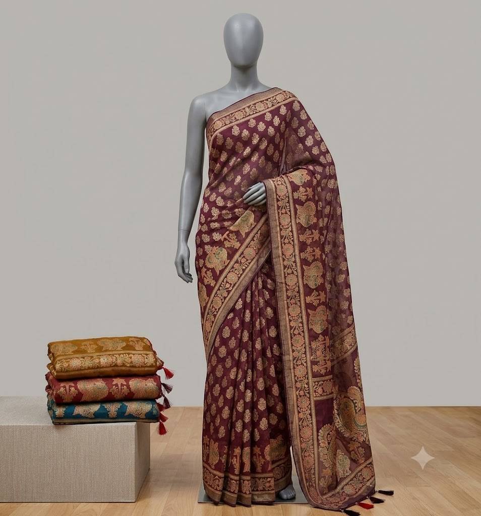 Elegant Banarasi silk saree displayed in JEHANABAD, showcasing intricate patterns and vibrant colors.