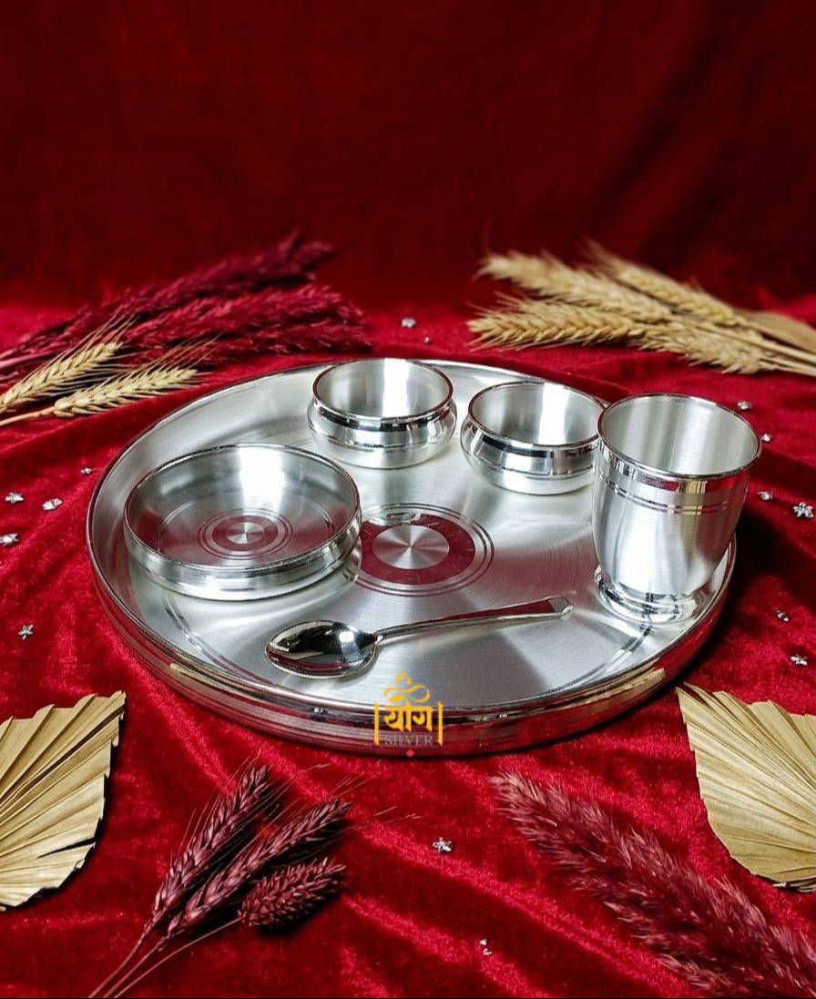 Elegant Pure Silver Thali Set displayed on a dining table in Pune