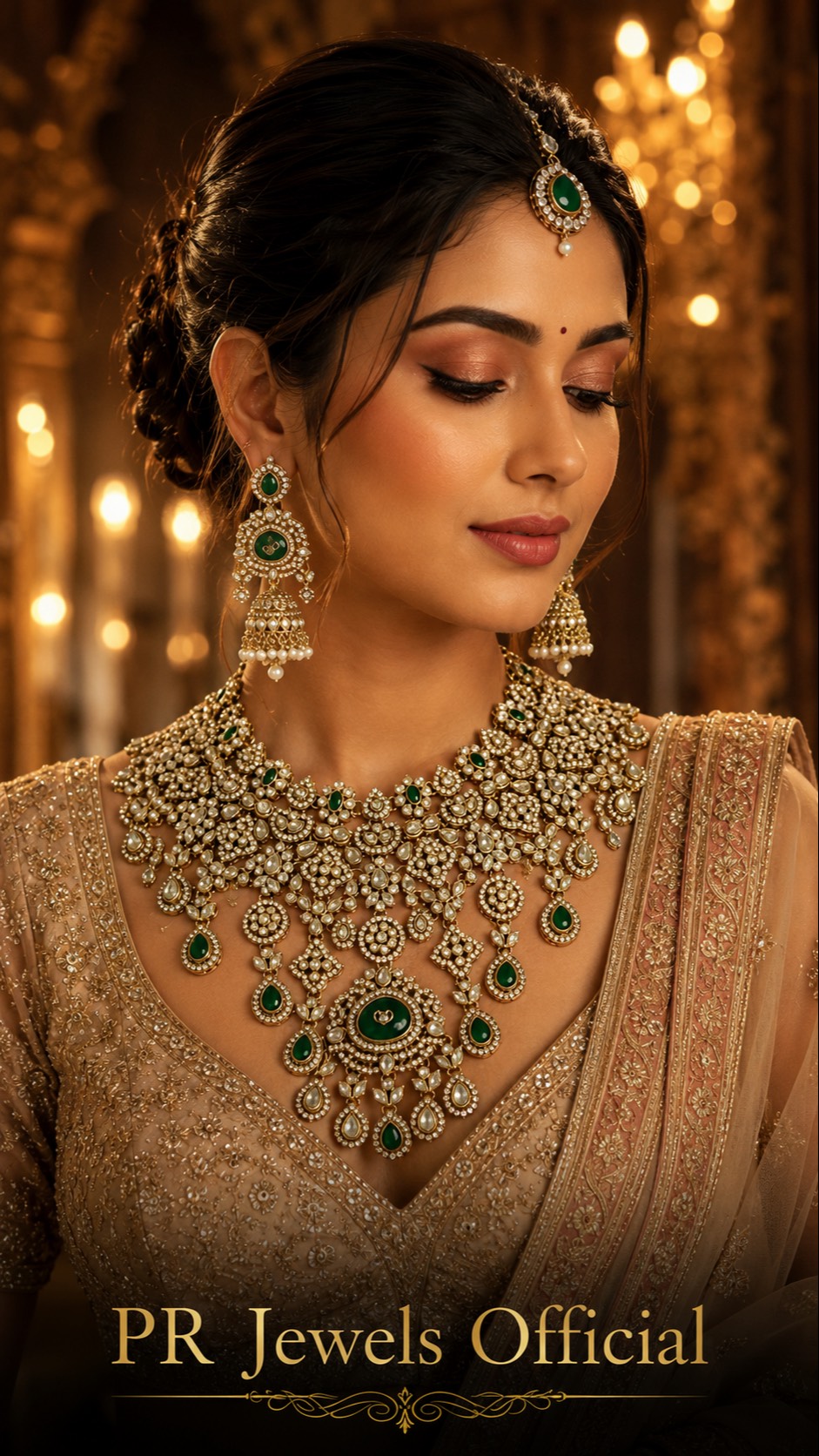 Stunning Kundan and Emerald Bridal Necklace Set in HATHRAS, featuring intricate design and vibrant stones. - Image 1